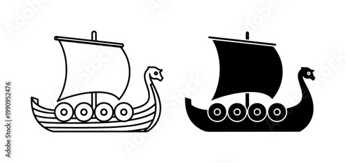 Viking Longship Icon Set with Dragon Head and Sail