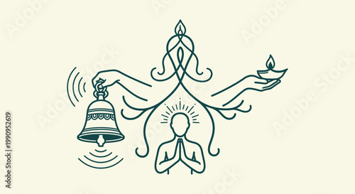 Minimalist Vector Illustration of Religious Prayer Ritual with Bell Oil Lamp and Meditating Figure