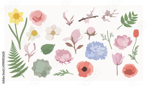 Elegant watercolor floral collection vector with mixed flowers and botanical elements for invitations isolated on white