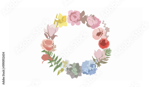 Watercolor floral wreath vector with mixed flowers botanical elements for wedding invitations isolated on white