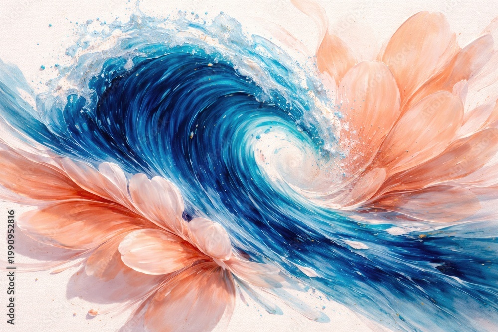 Fototapeta premium Mesmerizing electric blue wave in liquid paint on white canvas mimicking soft peach petal details in vivid artwork