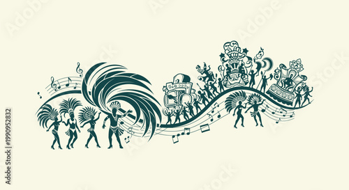 Brazilian Carnival Parade Illustration with Samba Dancers Musical Notes and Festive Celebration Float