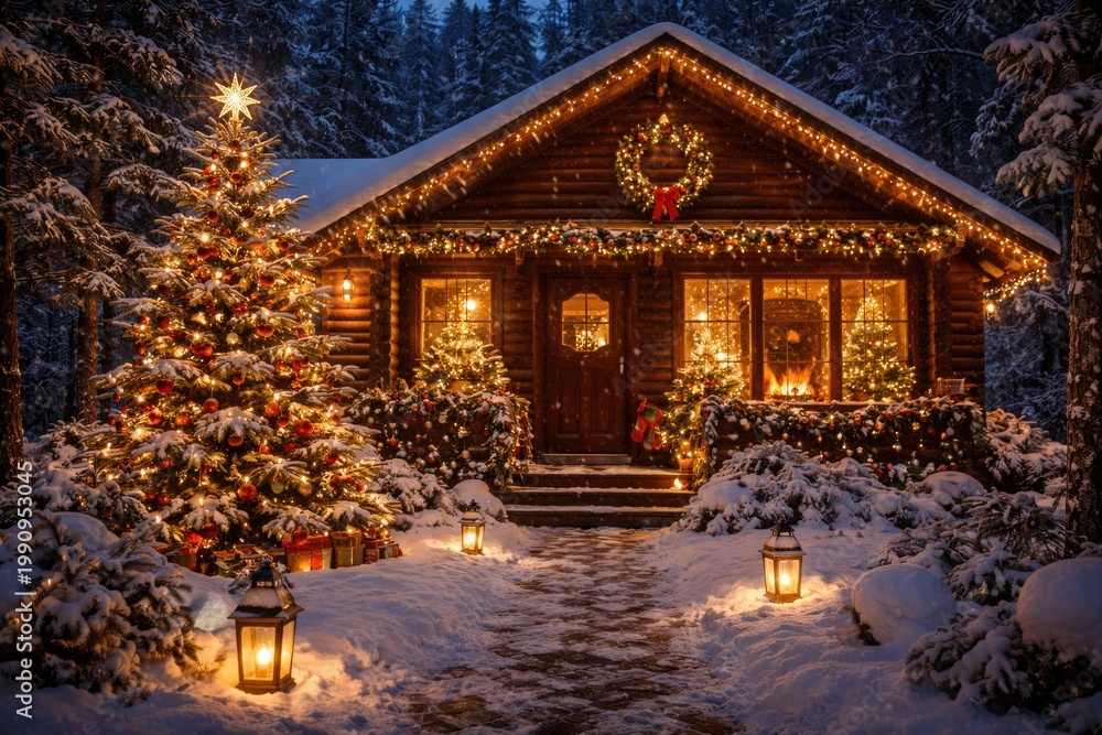 Fototapeta premium Cozy winter cabin with traditional Christmas decorations inside and outside creating festive eve ambiance