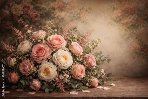 Vintage style rose arrangement with copy space and floral photo backdrop