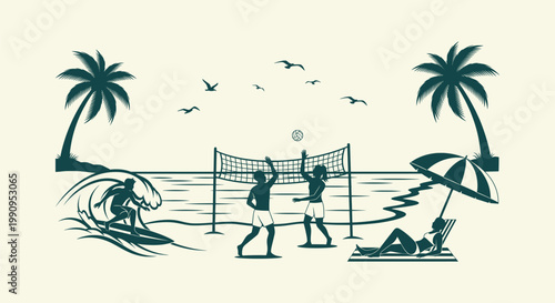 Summer beach vacation silhouette with surfing, volleyball players, sunbathing and tropical palms.