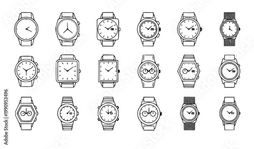 Minimal wristwatch outline icons set with different watch shapes and straps linear vector illustration isolated on white background