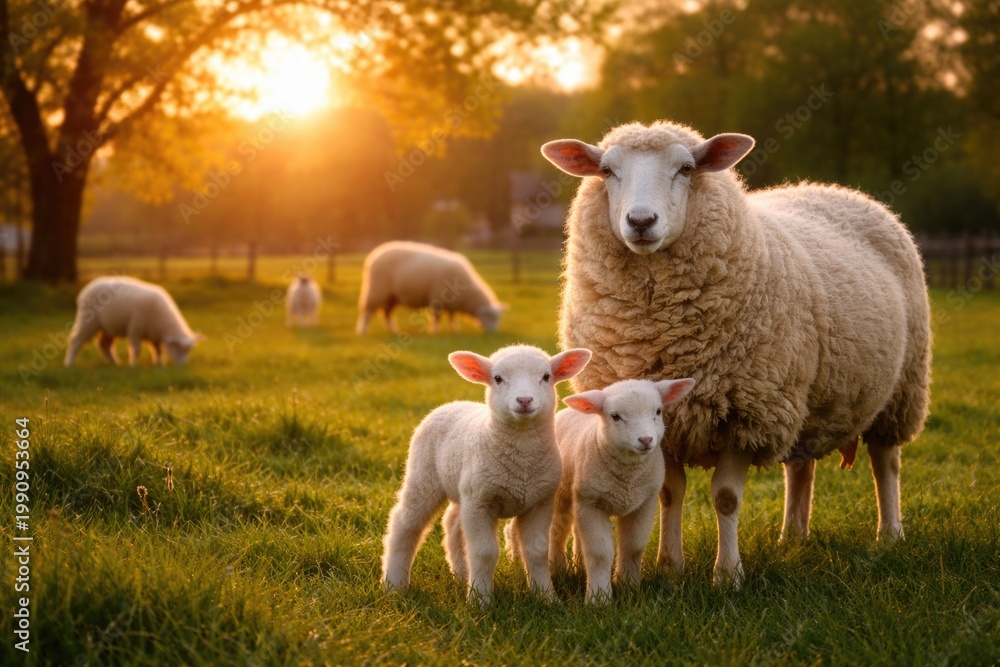 Fototapeta premium Contented pet sheep and young lambs roaming full length on verdant lawn at sunset