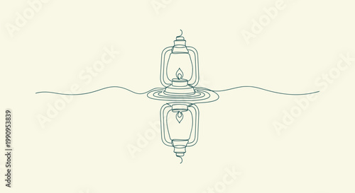 Continuous line drawing of a vintage oil lantern with a reflection on water surface minimalist art.