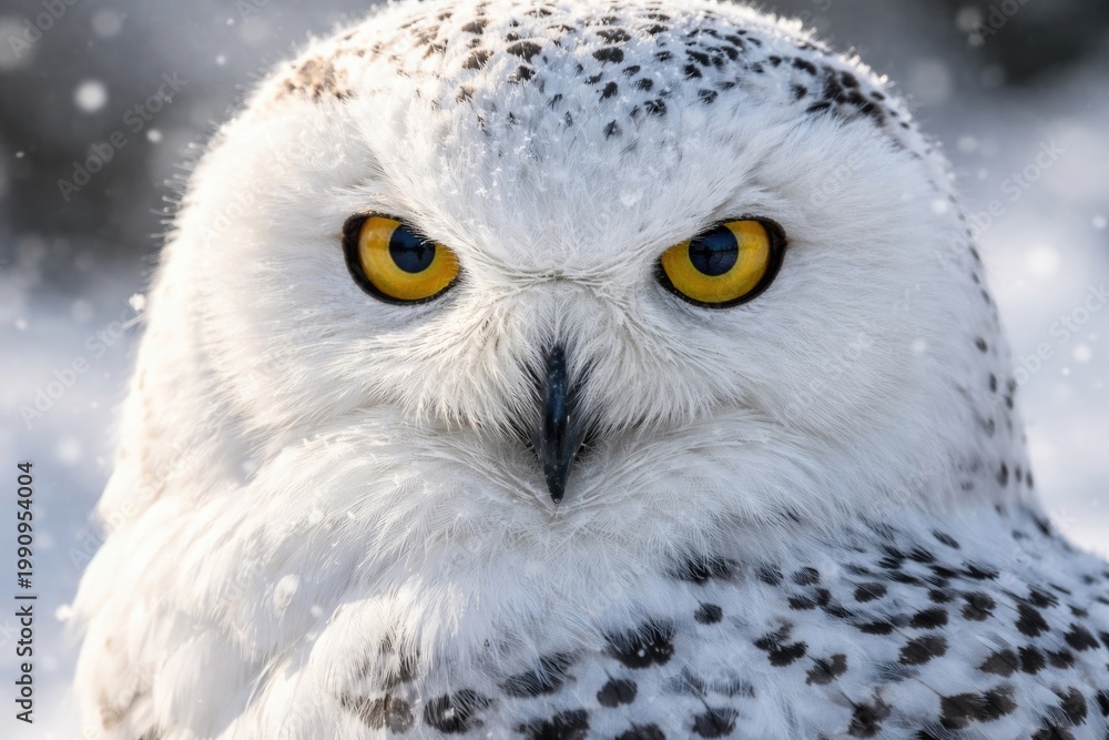 Obraz premium Extreme close up portrait of a snowy owl with detailed feathers