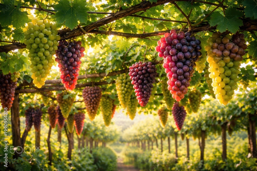 Fototapeta premium Bunches of fresh grapes dangling from green vine trellises in a flourishing vineyard