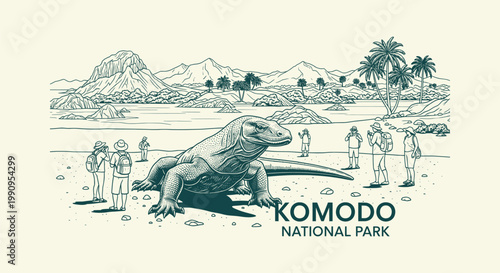Komodo National Park Illustration with Dragon and Tourists in Detailed Engraving Style Art Piece