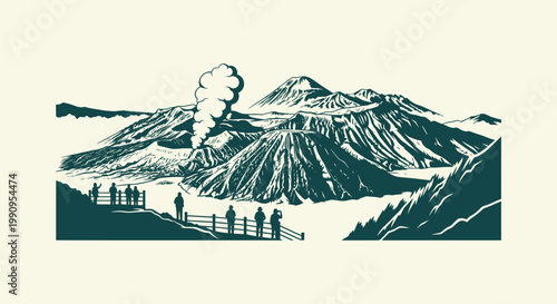 Mount Bromo Volcano Illustration with People Watching Smoke and Mountain Landscape in Java Indonesia