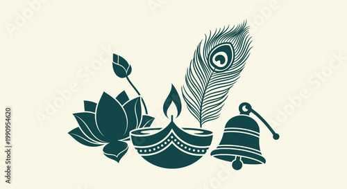Minimalist Illustration of Indian Hindu Religious Symbols Diya Lotus Peacock Feather and Bell Icon.