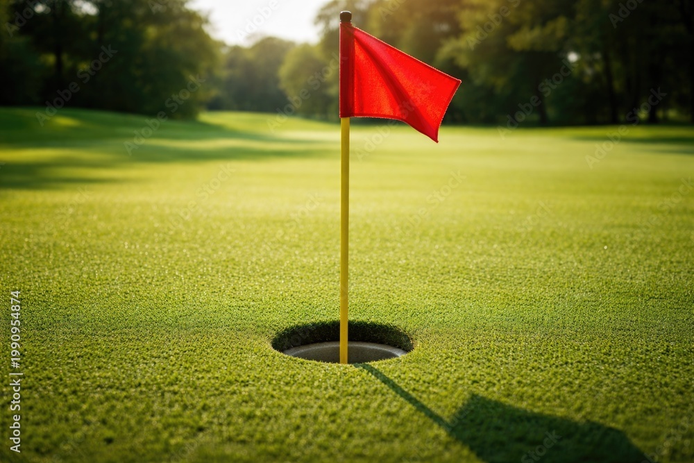 Obraz premium Golf cup with vibrant red flag marking the hole on grass