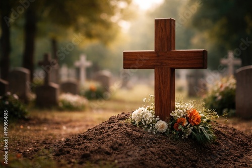 Fresh grave cross close up at Christian cemetery symbolizing eternal memory with copy space
