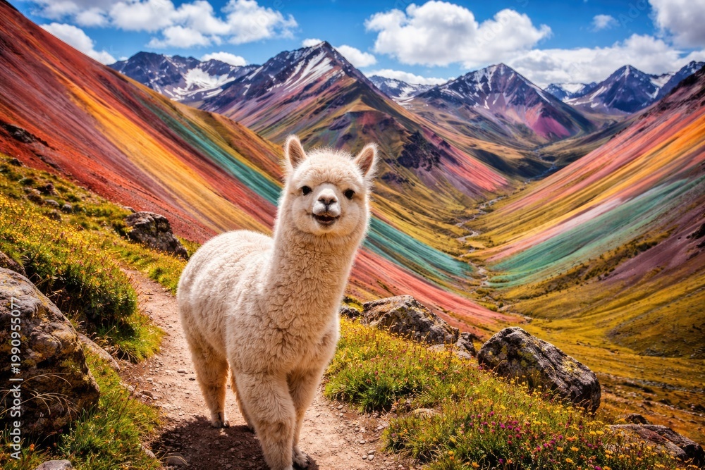 Fototapeta premium Multicolored mountains and a happy alpaca exploring the terrain
