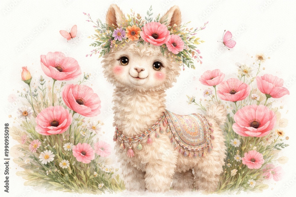 Naklejka premium Delightful hand painted illustration of a cute llama with floral decorations styled for children on a white canvas featuring wild animals and pink poppies