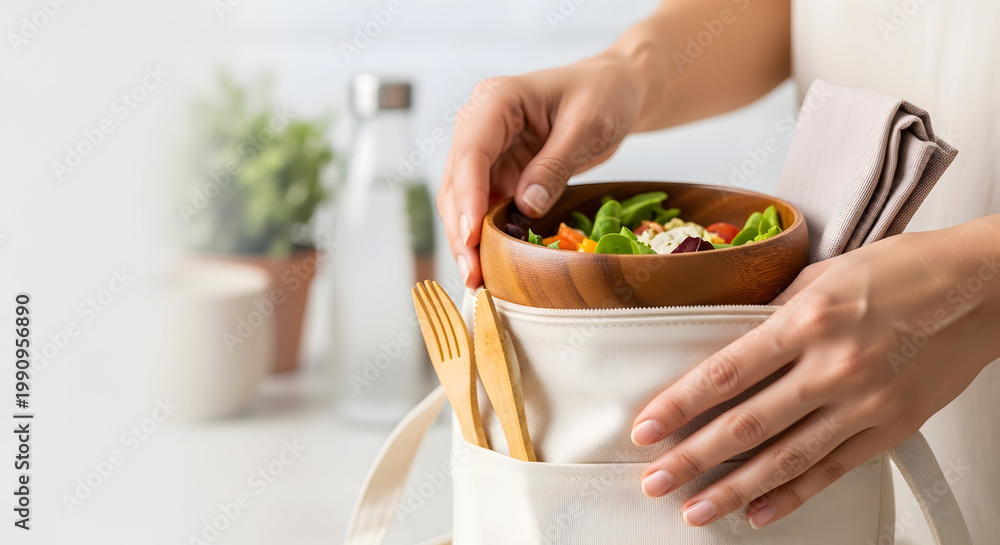 Naklejka premium A person preparing a healthy salad in a kitchen with fresh ingredients and utensils