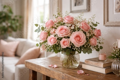 Decorative pink rose bouquet on a wooden shelf enhancing living room floral decor