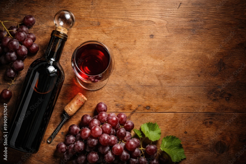 Fototapeta premium Bottle of wine with glass cork and grapes arranged on table showcasing copy space from above