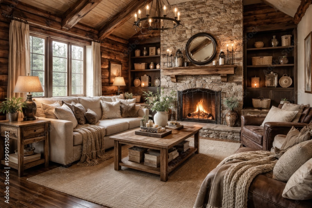 Naklejka premium Cozy log cabin living room front perspective with beige and dark wood walls and farmhouse decor accents