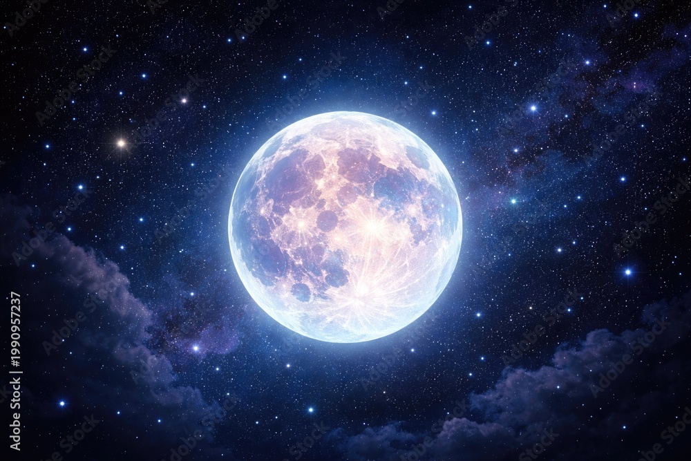 Fototapeta premium Bright colorful full moon with starry backdrop