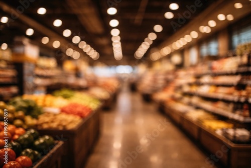 out of focus grocery store interior with ambient lighting background