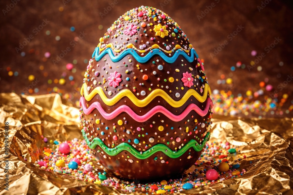 Fototapeta premium Vibrantly decorated chocolate Easter egg with colorful sprinkles on shiny foil and textured background