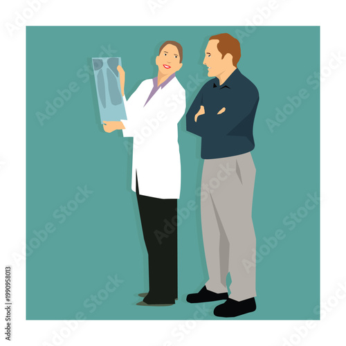 Doctor and patient discussing medical xray results in a clinical setting with a doctor and patient