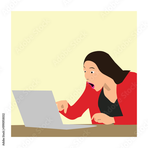 Woman in red sweater shocked at laptop screen sitting at brown table indoors