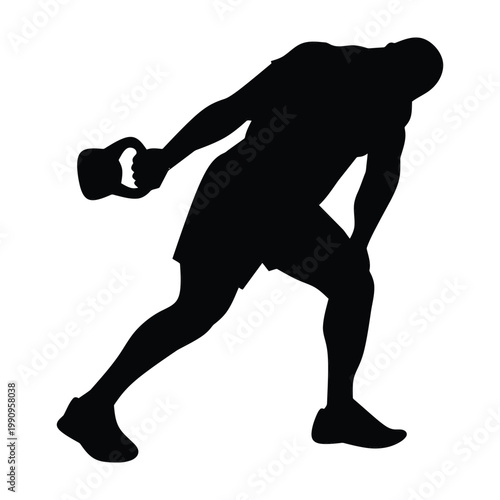 Man exercising with kettlebell in hand showing fitness and strength training with one arm