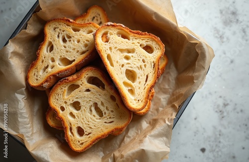 Several slices of artisan bread sit in baking tray lined with parchment paper. Crust golden brown, slightly crisp, with soft, airy interior. Bread looks fresh, delicious, perfect for breakfast.