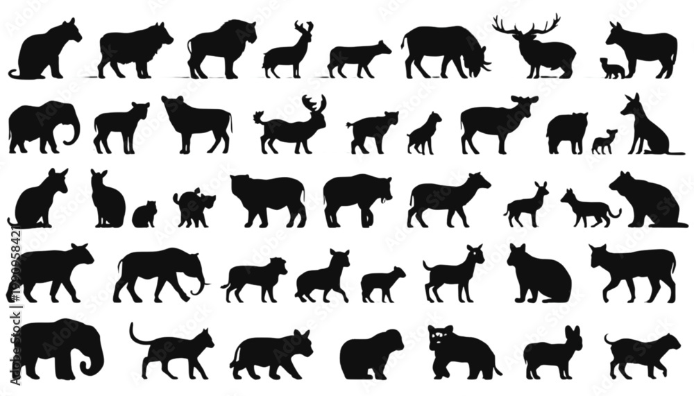 Fototapeta premium Mammals silhouettes showcasing a wide variety of wildlife species are organized in a grid format to provide a comprehensive visual library for graphic designers.
