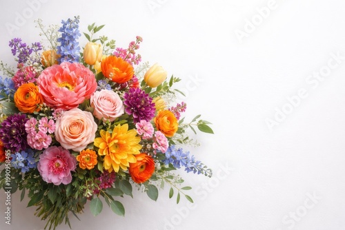 Colorful flower arrangement on a plain white background with copy space