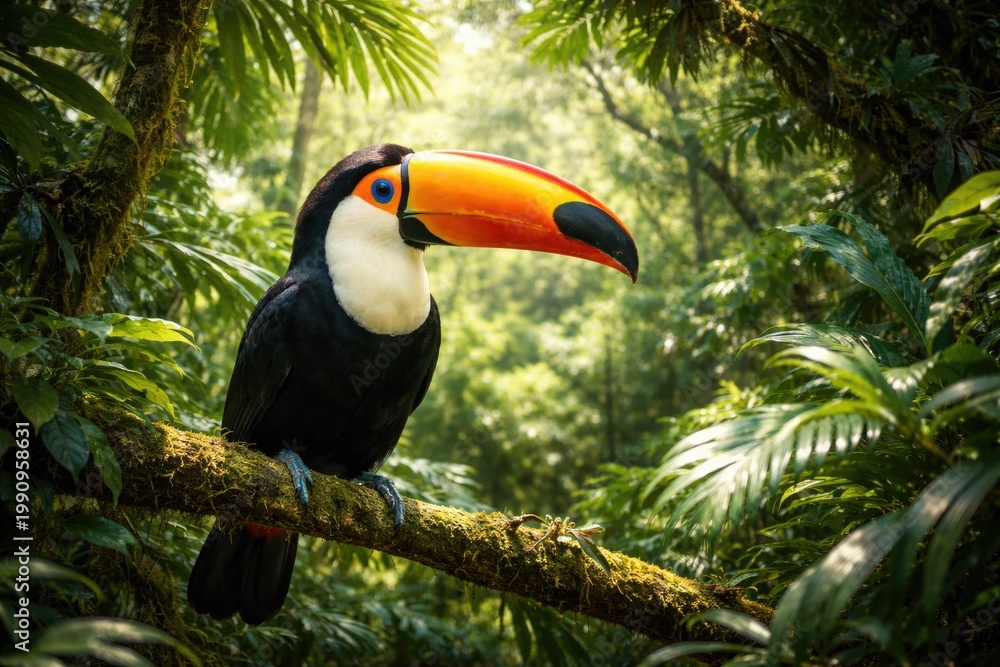 Fototapeta premium Illustrated toucan resting amid dense tropical trees and bushes panorama