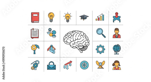 Business education icons, brain and learning symbols, flat design, colorful graphics, 20 icons set