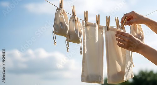 A person hanging laundry on a clothesline outdoors on a sunny day with a clear blue sky