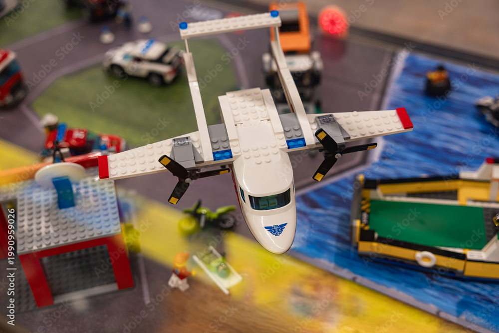Fototapeta premium LEGO City ambulance plane rescue aircraft on display