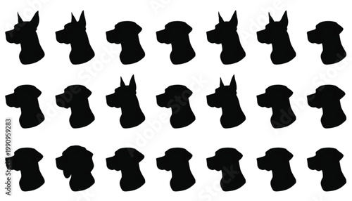 Dog heads are displayed as a collection of dark silhouettes arranged in a structured grid pattern on a clean white background for easy artistic use.