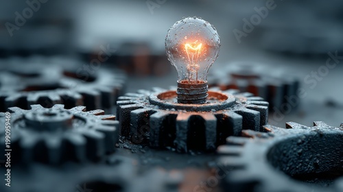 Glowing light bulb resting on interlocking industrial metallic gears representing innovation and problem solving in a complex mechanical engineering concept setting