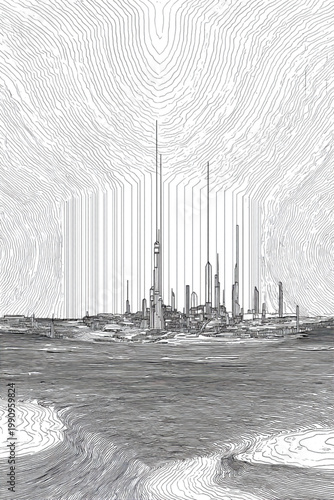 Futuristic City Skyline With Tall Skyscrapers By The Water For Urban Technology Concepts