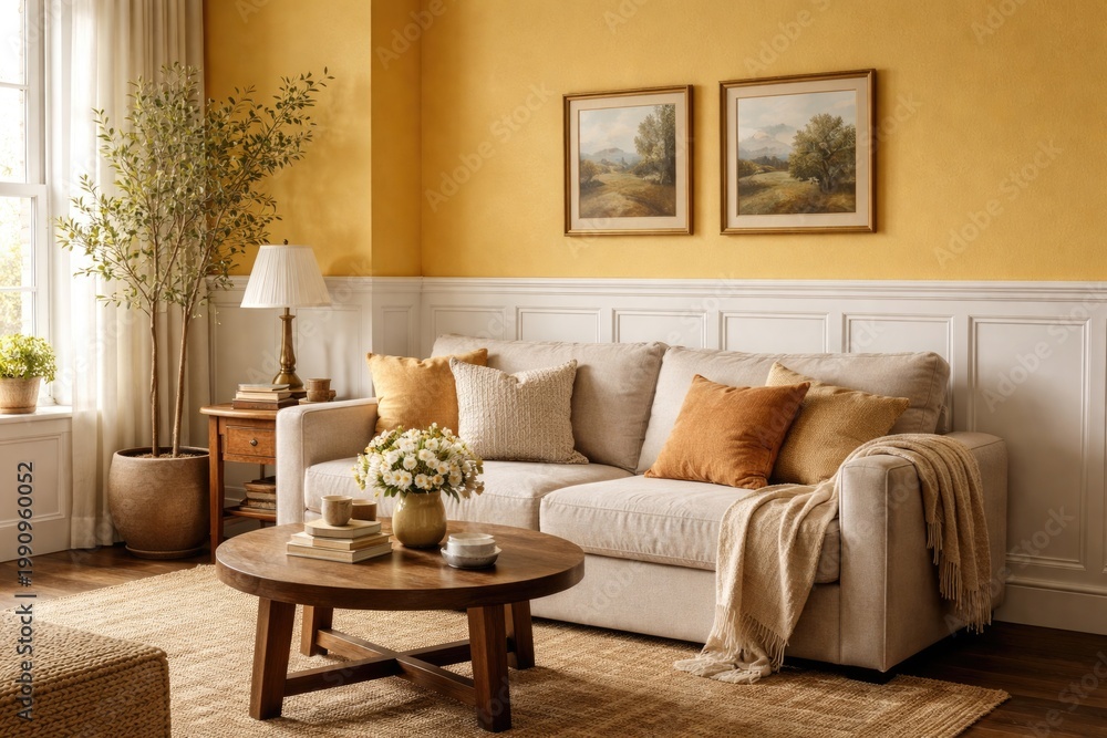 Fototapeta premium Cozy space showcasing yellow walls contrasted by crisp white wainscoting paneling