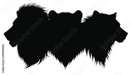 Lion, bear, and wolf heads are showcased as a powerful trio of black silhouettes arranged side by side to represent strength, wilderness, and apex predators in nature photography concepts.