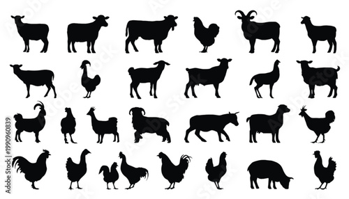 Farm animals including roosters, sheep, and goats are depicted as a series of black silhouette icons organized in a neat grid format on a solid white surface for agricultural branding.