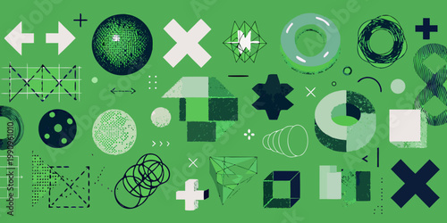 Abstract geometric shapes and lines in shades of green and white