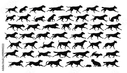 Dogs in various running and walking poses are organized in a structured grid pattern as a collection of black silhouettes perfect for pet industry branding or creative animal themed design projects.