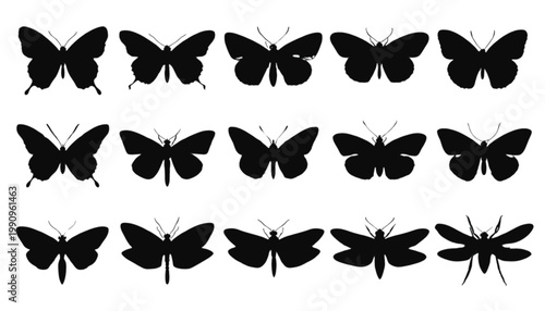 Butterflies arranged in a grid display various wing shapes and patterns as a collection of black silhouettes designed for creative projects requiring decorative insect graphic elements.