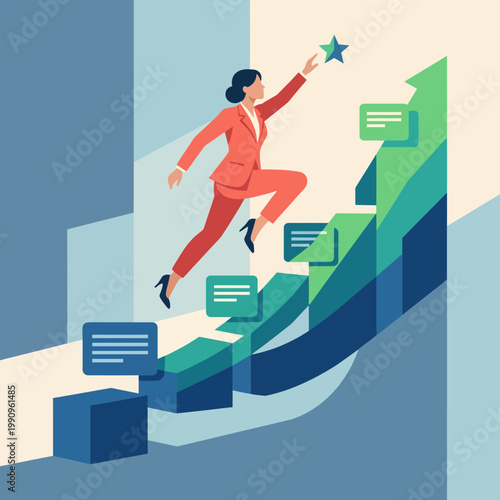 An ambitious woman jumps towards a star symbolizing success, demonstrating determination and motivation in achieving career growth and reaching her goals.