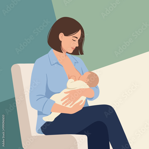 This heartwarming illustration depicts a mother breastfeeding her baby, symbolizing love, nurturing, and the intimate bond shared during motherhood and childcare.