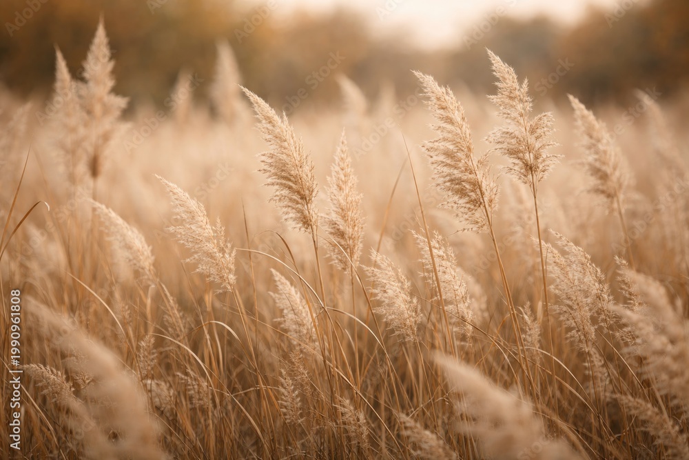 Fototapeta premium Earth tone prairie grass in soft neutral shades with beige reed during autumn banner